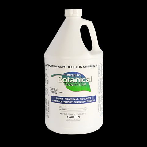 A white plastic gallon jug of PreVasive Botanical Disinfectant with a built-in handle. The front label features a green leaf design and bold text stating the product name. It indicates that the disinfectant kills SARS-CoV-2, the virus that causes COVID-19, and functions as a cleaner, disinfectant, deodorizer, bactericide, virucide, fungicide, and fungistat. Usage instructions and ingredient details are printed on the side.